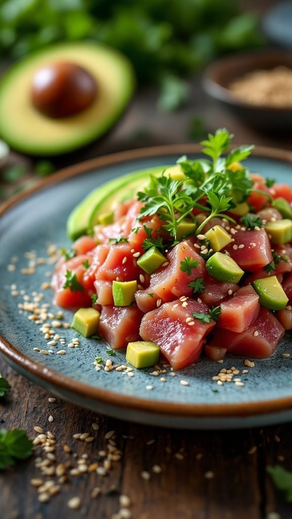 A vibrant tuna tartare with avocado and sesame, garnished with fresh herbs.