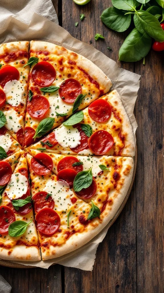Turkey Pepperoni and Spinach Pizza with fresh spinach and cheese