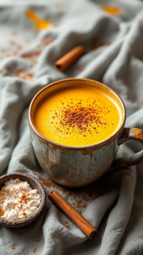 A cozy cup of turmeric latte with a sprinkle of cinnamon on top, served with a side of whipped cream and cinnamon stick.