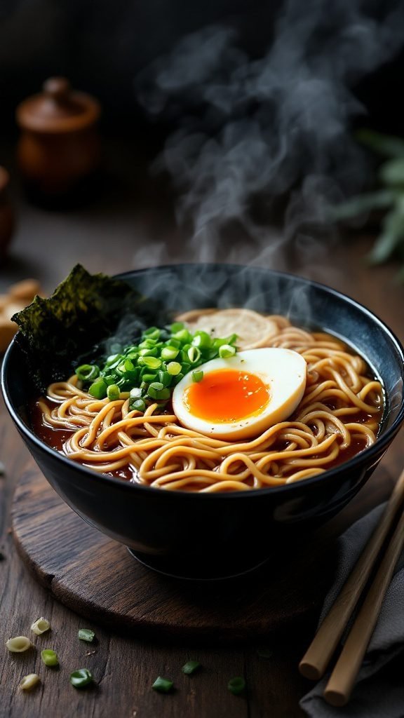 A steaming bowl of miso ramen with green onions and a soft-boiled egg.