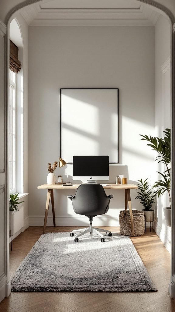 Cozy small home office featuring a stylish area rug, desk, and plants.