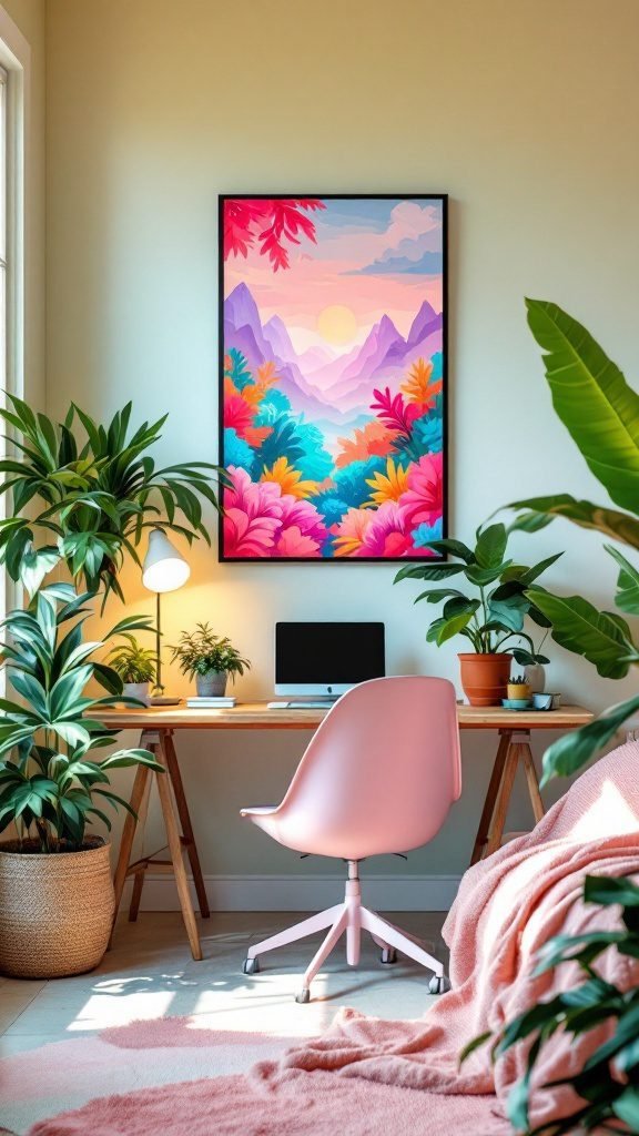 A cozy bedroom office setup featuring a wooden desk, pink chair, plants, and colorful wall art.
