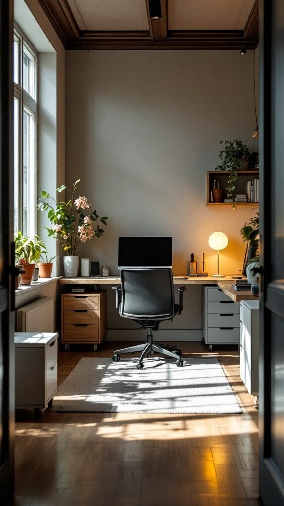 A modern small home office featuring a desk, rolling storage units, and plants, designed for flexibility and productivity.