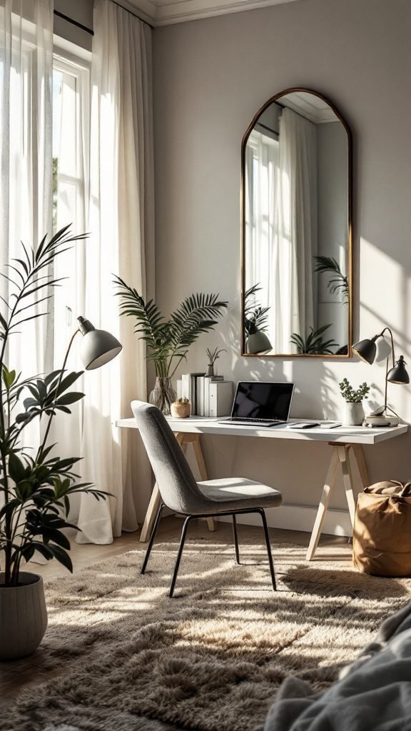 A cozy bedroom office setup featuring a stylish mirror above a desk with plants and soft lighting.