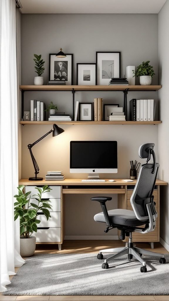 A minimalist home office setup in a corner, featuring a wooden desk, ergonomic chair, wall-mounted shelves with decor and plants.