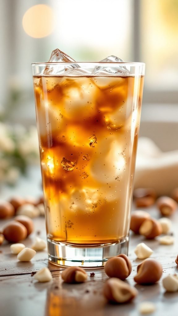 A refreshing Vanilla Hazelnut Cold Brew drink in a glass with ice and coffee beans scattered around.