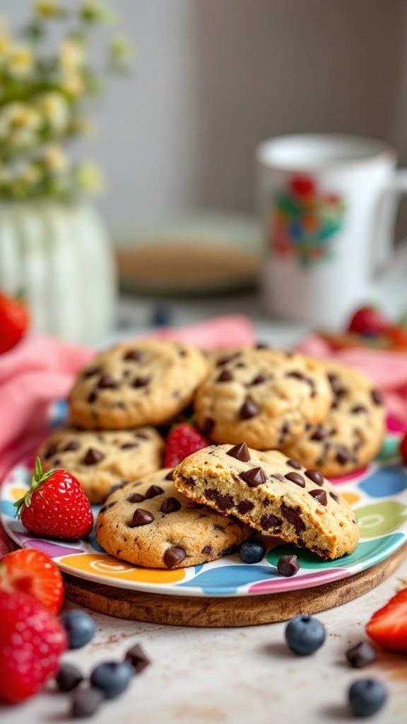 Plate of vegan chocolate chip cookies with strawberries and blueberries