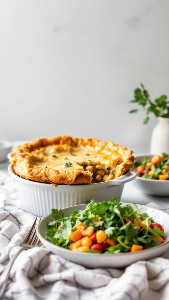 A delicious vegan jackfruit pot pie served with a fresh salad