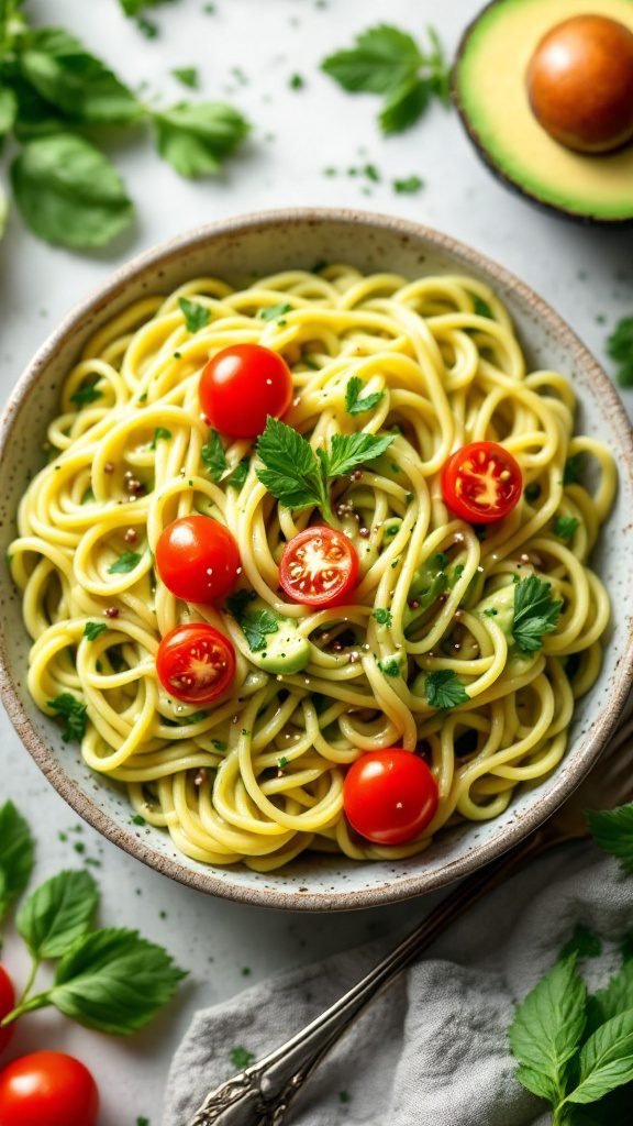 A bowl of creamy vegan pasta with avocado sauce topped with cherry tomatoes and herbs.