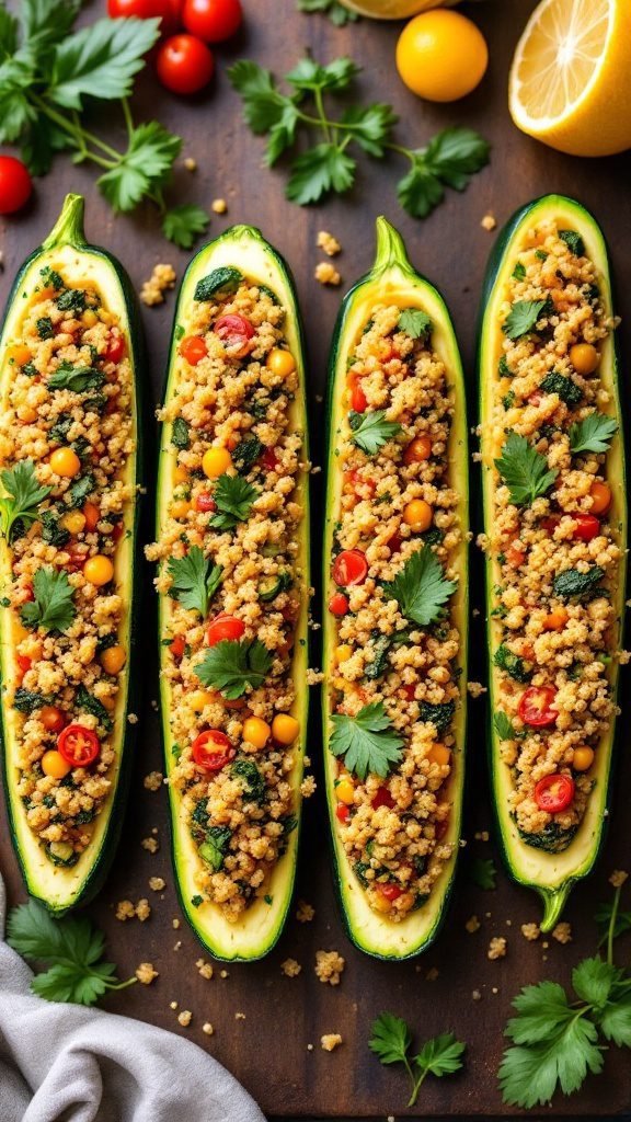 Vegetable and quinoa stuffed zucchini with colorful toppings