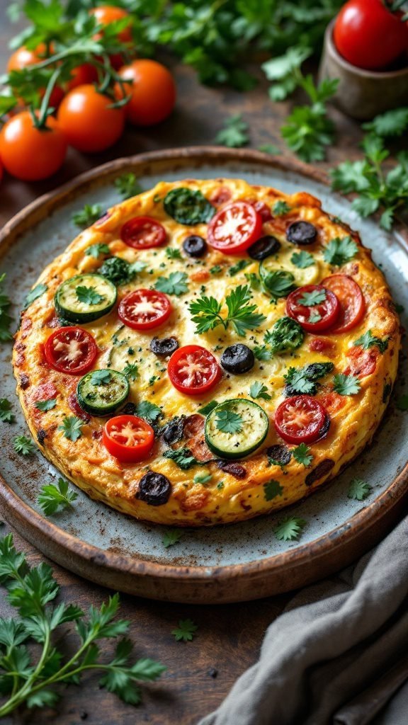 A delicious vegetable frittata garnished with fresh herbs and colorful vegetables.