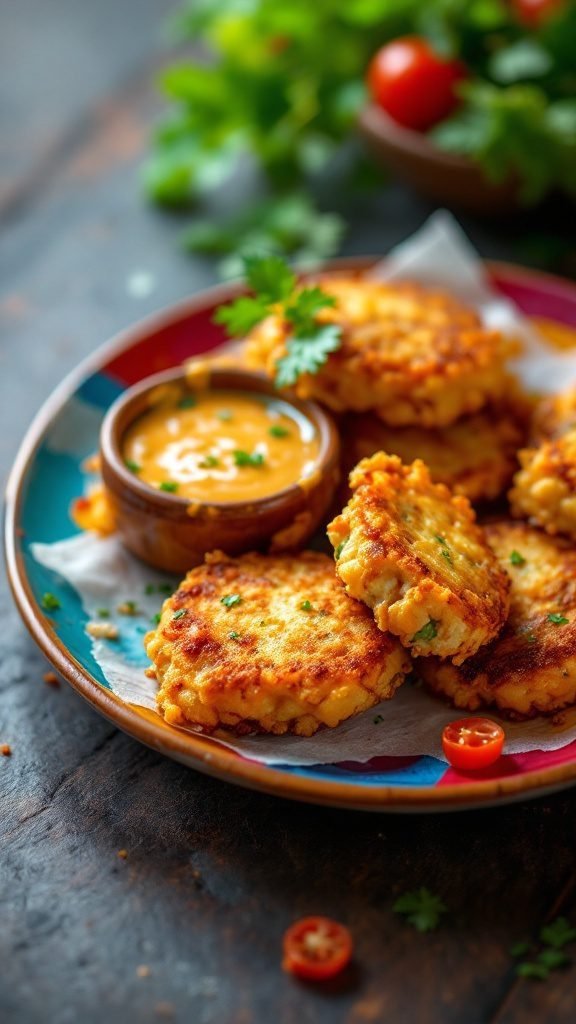 Crispy vegetable fritters served with a dipping sauce