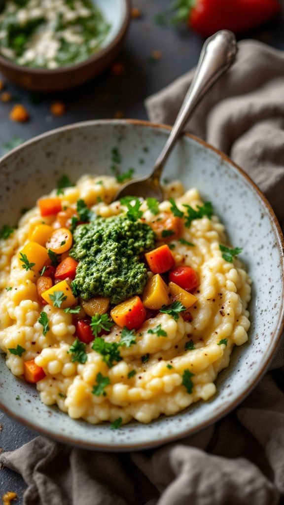 A bowl of creamy vegetable grits topped with pesto and colorful vegetables.