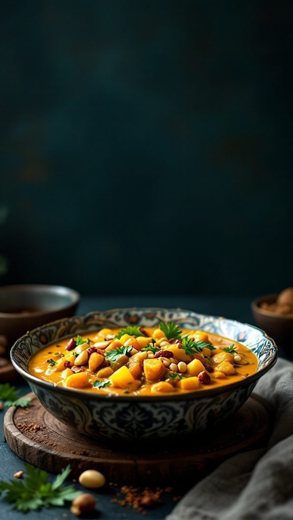 A bowl of Vegetable Korma with mixed vegetables and garnished with cilantro