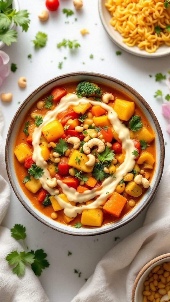 A bowl of Vegetable Korma with cashew sauce garnished with fresh herbs and cashews.