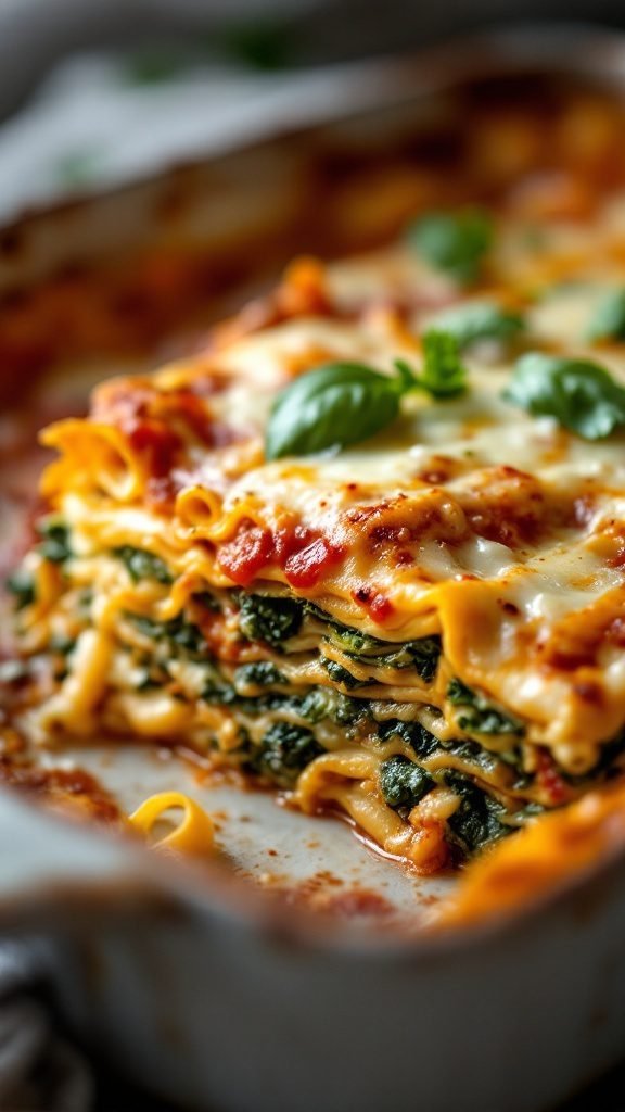 A delicious slice of vegetable lasagna with layers of cheese and fresh vegetables.