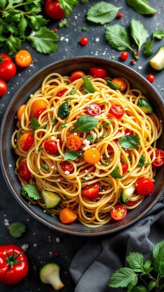 A bowl of colorful Vegetable Primavera Spaghetti with cherry tomatoes and fresh herbs.
