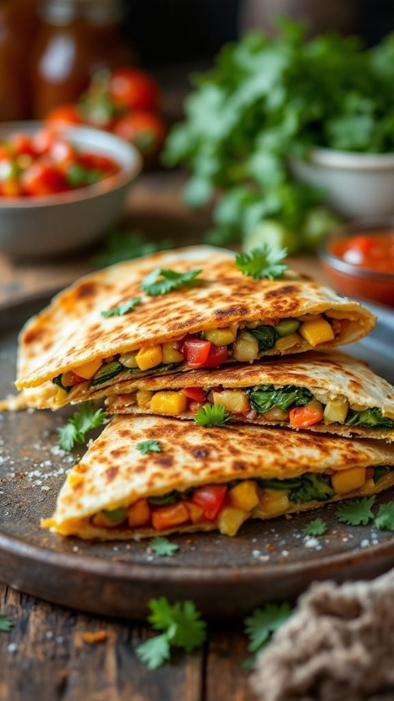 Delicious vegetable quesadillas with a colorful filling of peppers, zucchini, and spinach, served on a wooden plate.