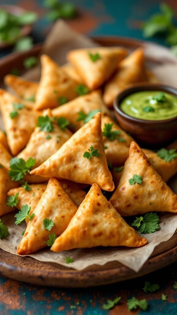 A plate of crispy vegetable samosas garnished with cilantro, served with a green dipping sauce.