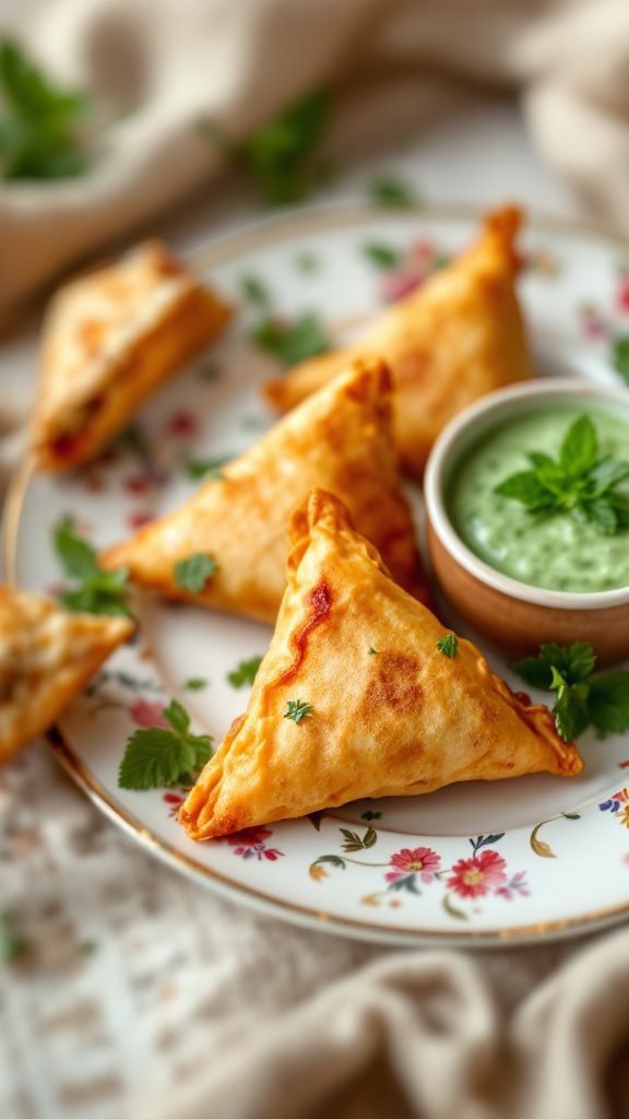 Delicious golden-brown vegetable samosas on a floral plate with a green dipping sauce.