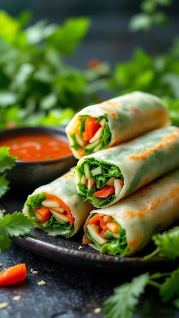 Vegetable spring rolls with fresh veggies and dipping sauce