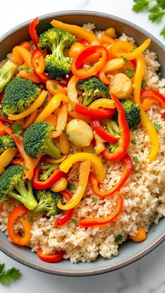 A vibrant vegetable stir-fry rice bowl with colorful vegetables over rice.