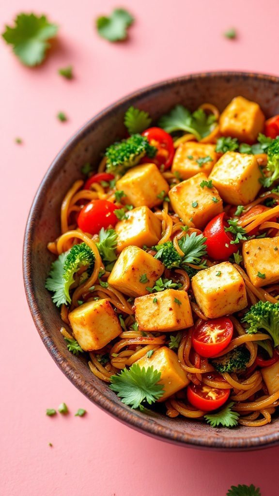 A colorful bowl of vegetable stir-fry with tofu, featuring broccoli, cherry tomatoes, and bell peppers.