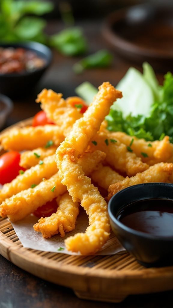 A plate of crispy vegetable tempura served with dipping sauce.