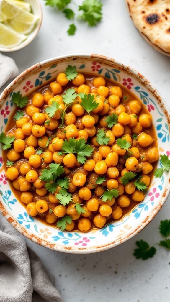 Bowl of vibrant vegetarian chickpea curry garnished with cilantro