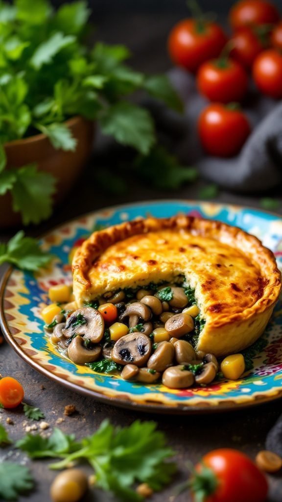 A cozy vegetarian mushroom and spinach pot pie with a flaky crust