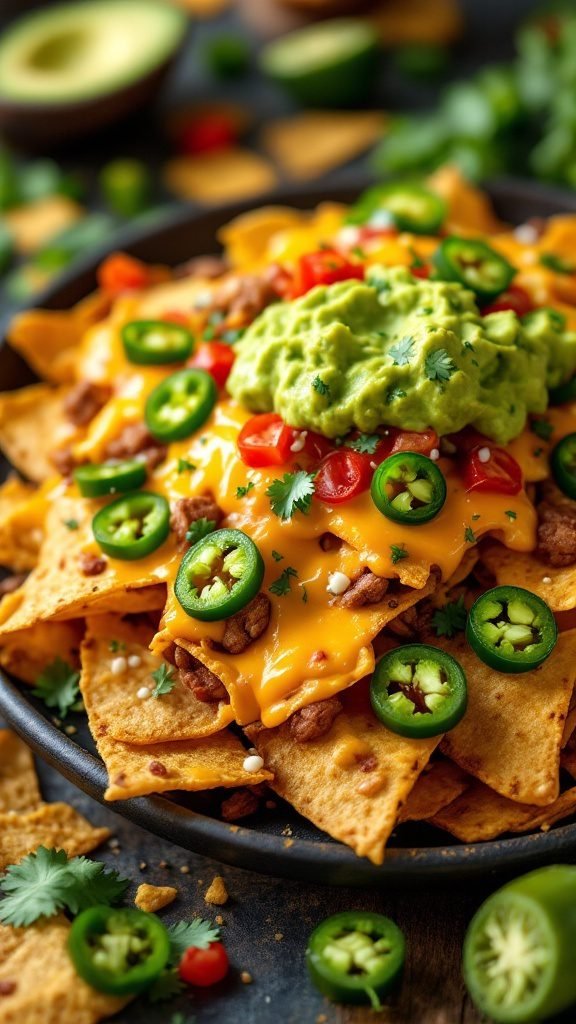 A plate of loaded vegetarian nachos topped with cheese, beans, tomatoes, jalapeños, and guacamole.