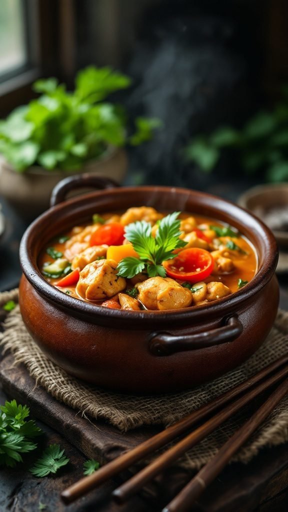 A bowl of Vietnamese Coconut Curry with chicken and vegetables, garnished with cilantro.