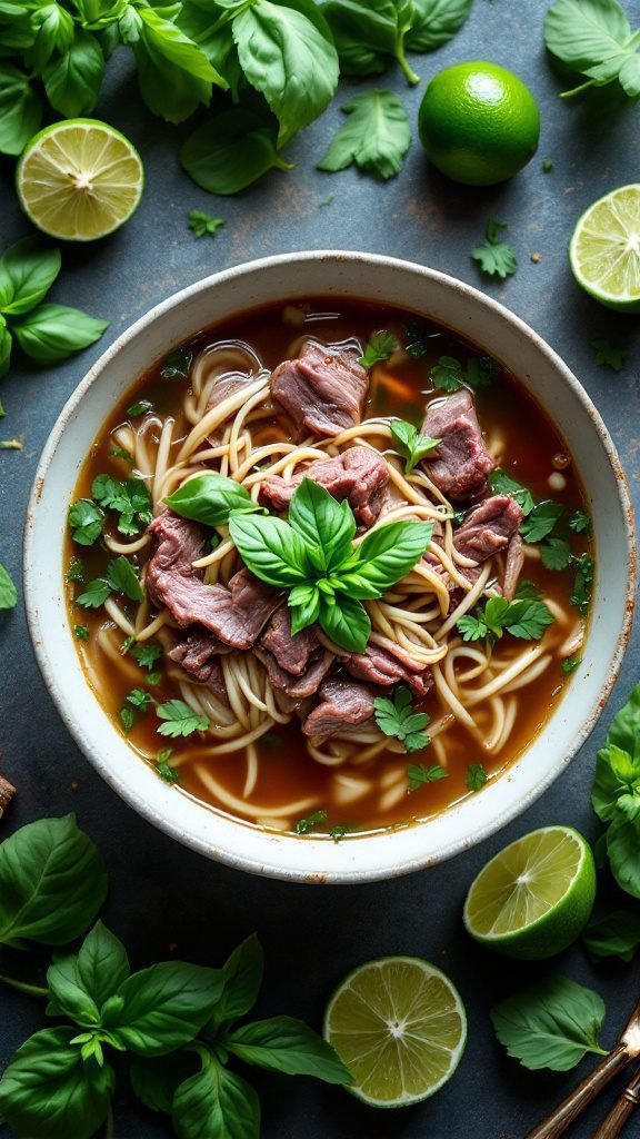 A bowl of Vietnamese Pho with tender beef and fresh herbs.