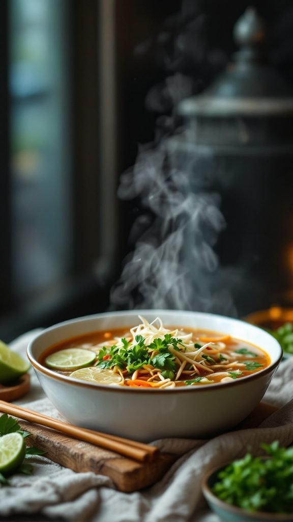 A steaming bowl of Vietnamese pho with fresh herbs and lime