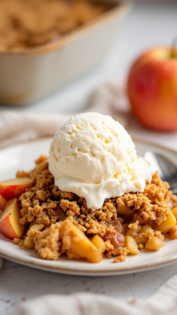 A delicious serving of warm apple crisp topped with ice cream.