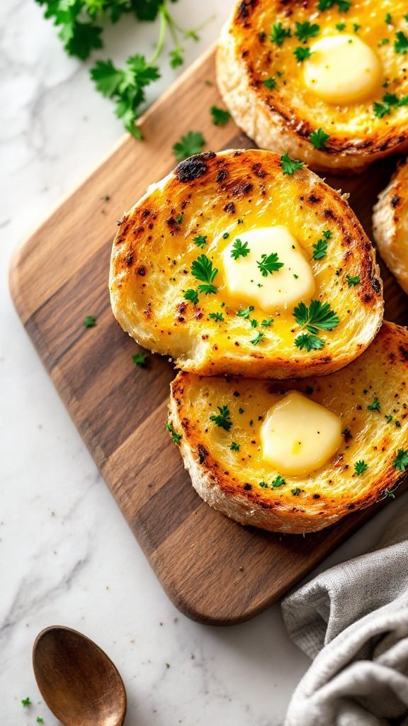 Warm garlic bread with melted butter and fresh herbs on a wooden cutting board.