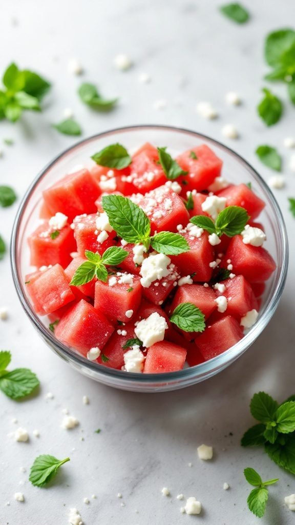 A bowl of watermelon mint salad garnished with fresh mint and feta cheese