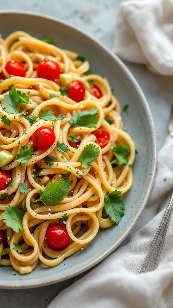 A bowl of whole grain pasta primavera with cherry tomatoes and green herbs.