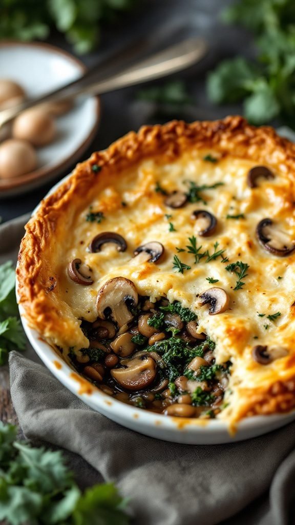 A delicious Wild Mushroom and Kale Pot Pie with a flaky golden crust.