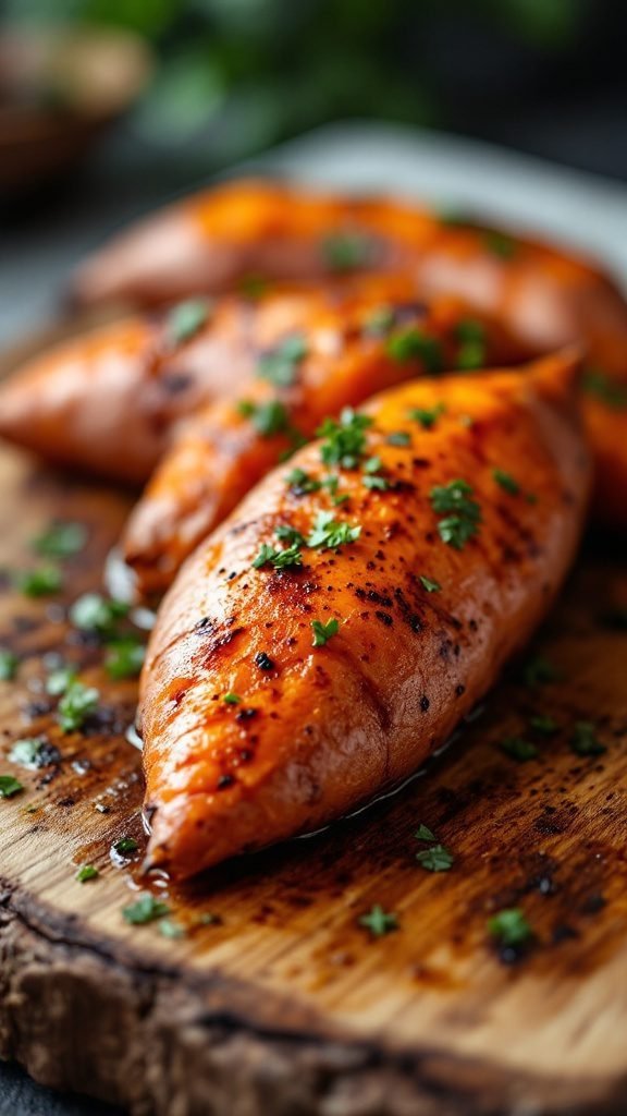Roasted sweet potatoes beautifully arranged on a rustic wooden board, garnished with fresh herbs.