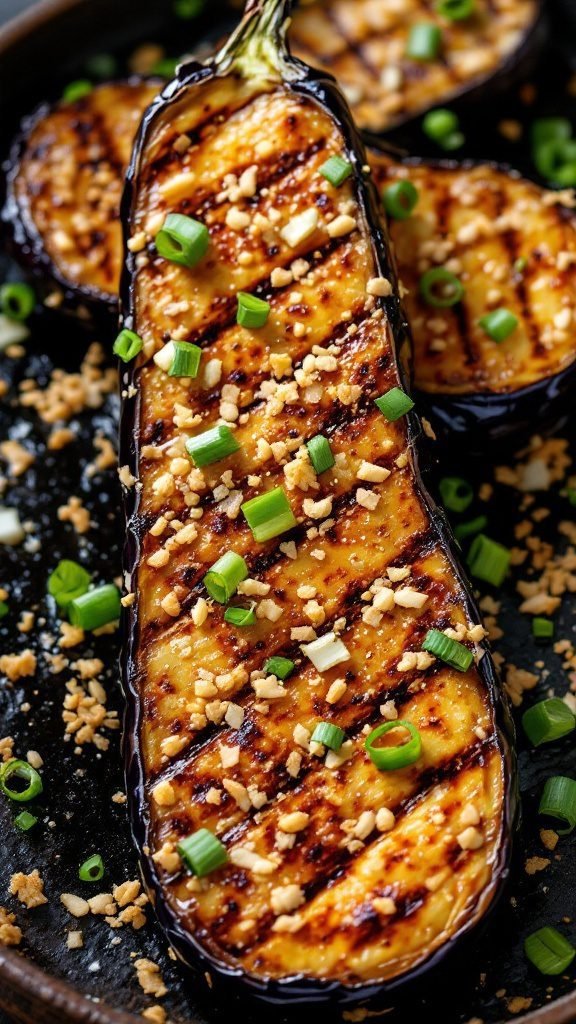Delicious grilled eggplant seasoned with soy sauce and garnished with green onions and sesame seeds.