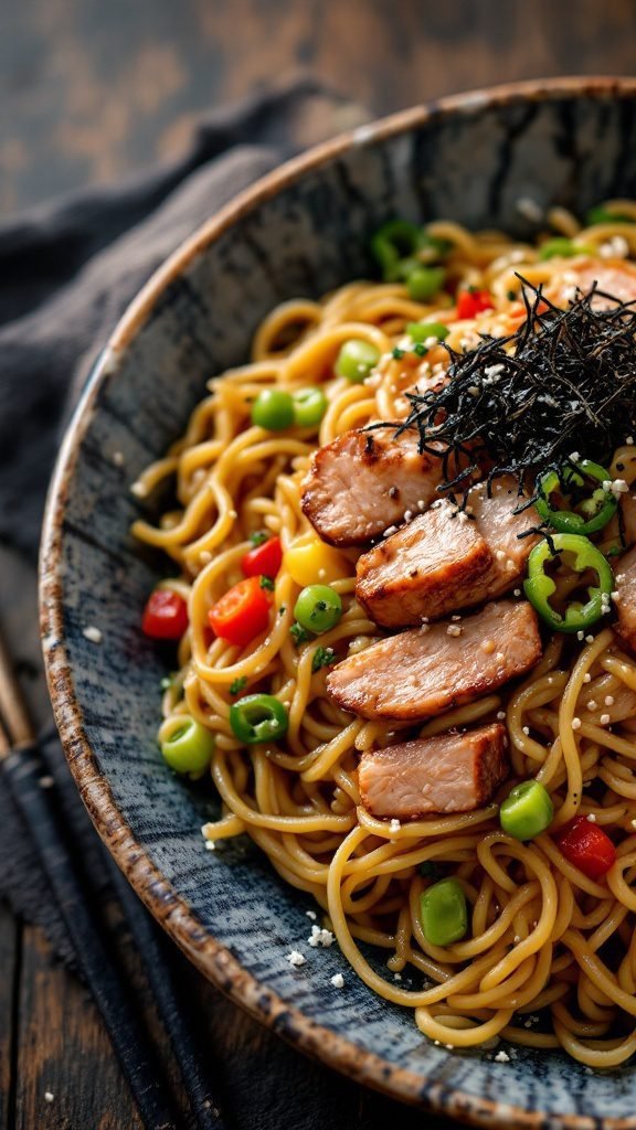 A delicious plate of Yakisoba Stir-Fried Noodles with vegetables and protein.