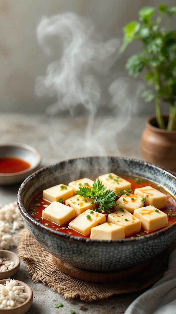 A warm bowl of Yudofu Hot Pot featuring silken tofu in a savory broth, garnished with green onions and cilantro.