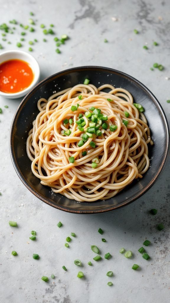 Bowl of cold soba noodles topped with green onions, served with dipping sauce on the side.