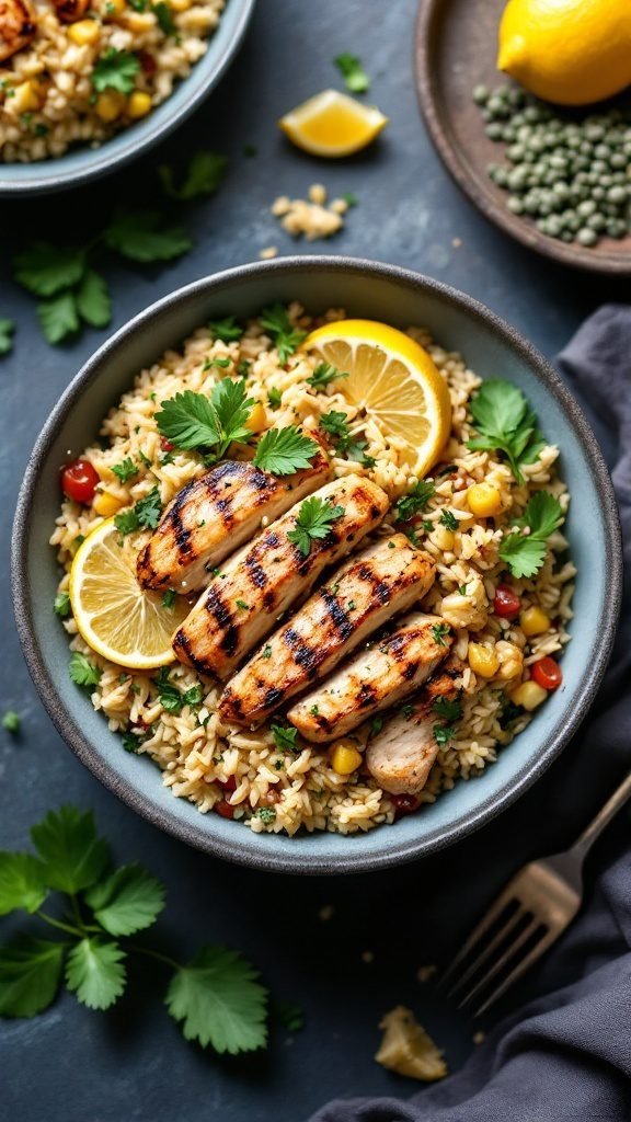 A delicious Zesty Lemon Herb Rice Bowl with grilled chicken and vibrant vegetables.