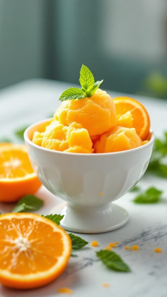 Bowl of zesty orange sorbet with fresh oranges and mint leaves.