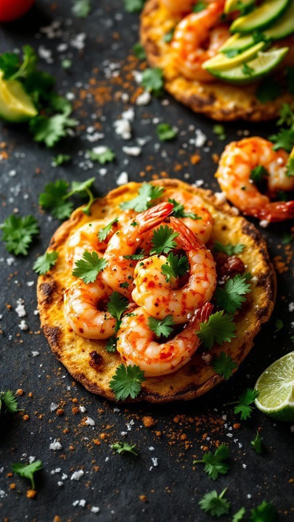 A plate of zesty shrimp tostadas topped with shrimp and garnished with cilantro and lime.