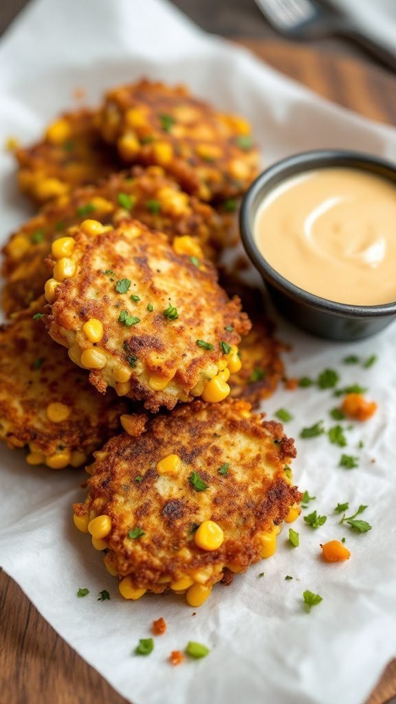 Delicious zucchini and corn fritters served with a dipping sauce.