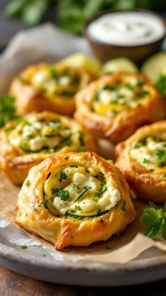 Plate of zucchini and feta fritters garnished with parsley