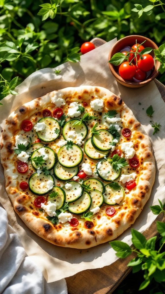 A delicious Zucchini and Feta Pizza topped with fresh herbs and cherry tomatoes.